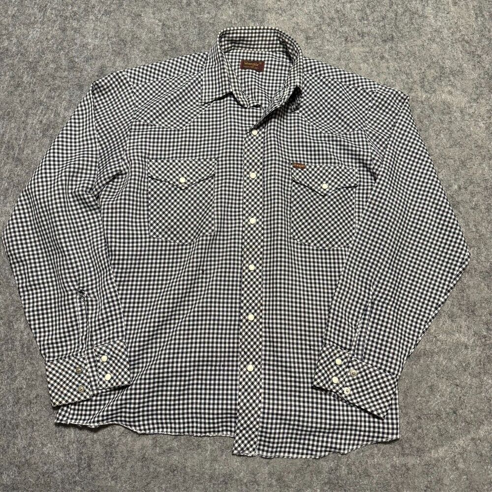 Vintage 50S 60S Wrangler Western Pearl Snap Shirt Size L Grey Check Made In USA